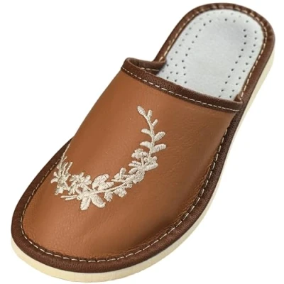 Afbeelding van APREGGIO Leren pantoffels voor dames, comfortabele lederen handgemaakte met rubberen zool, damespantoffels, bruin, 40 EU