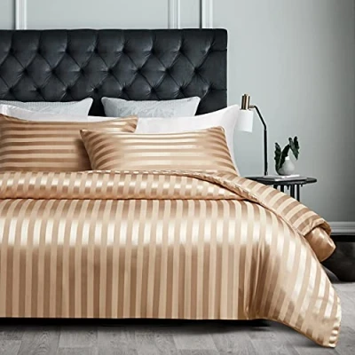 Afbeelding van Satijn beddengoed 220 x 240 cm beige zijdeglans gestreept set 3 delig hoogwaardig luxe dekbedovertrek met verborgen ritssluiting en 2 kussenslopen 80 cm,