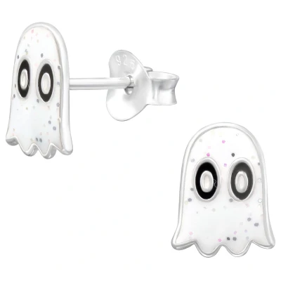 Afbeelding van JoyS Zilveren spook oorbellen halloween wit met glittertjes kinderoorbellen