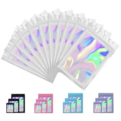 Afbeelding van Rimiko 100st Hersluitbare Mylar Zak, Ritssluiting Plastic Zakjes voor Voedsel, Rits Aluminiumfolie Zakken met Doorzichtig Venster, Ziplock Kleurverpakking (Wit en Holografisch, 7x10cm)
