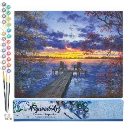 Afbeelding van Figured&#039;Art Schilderen op Nummer Volwassenen canvas Ponton bij zonsondergang Handwerk acrylverf Kit DIY Compleet 40x50cm zonder frame