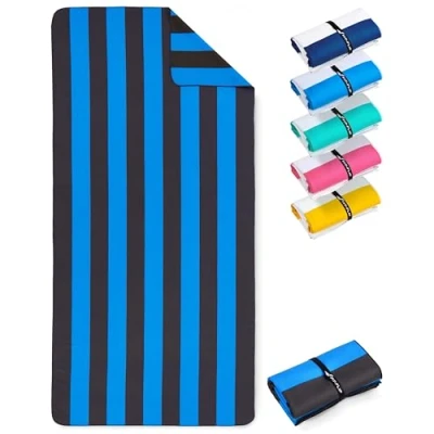 Afbeelding van Stranddeken XXL microvezel strandhanddoek groot, licht en sneldrogend 100% gerecyclede handdoek Strandlaken Blauw Donkergrijs gestreept 200cmx90cm