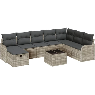 Afbeelding van vidaXL 9 delige Tuin Sofa Set met Kussens Lichtgrijs Poly Riet, 2 zits Opslag &amp; Riet