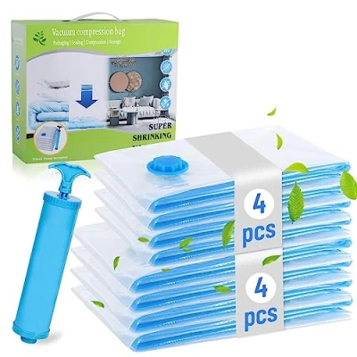 Afbeelding van Chuner 8 delige set vacuümzakken voor dekbedden, 4 Jumbo 100x80cm + Groot 80x60cm Bespaar 80% ruimte, kleding, grote opbergtas, herbruikbaar, inclusief handpomp