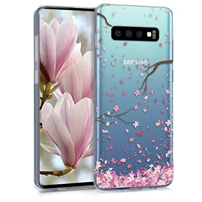 Afbeelding van kwmobile telefoonhoesje geschikt voor Samsung Galaxy S10 Hoesje smartphone in poederroze / donkerbruin transparant Kersenbloesembladeren design