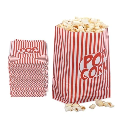 Afbeelding van Relaxdays popcorn zakjes, set van 48, gestreept, retro look, bioscoop, filmavond, papieren bakjes, rood/wit