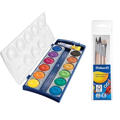 Afbeelding van Pelikan 720250 verfdoos K12, 12 kleuren + 1 tube dekwit, schoolstandaard (dekverfdoos &amp; 5 delig penseelset)