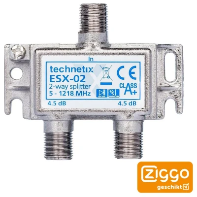 Afbeelding van F connector splitter Technetix (2 weg, 4.5 dB, Ziggo gecertificeerd)