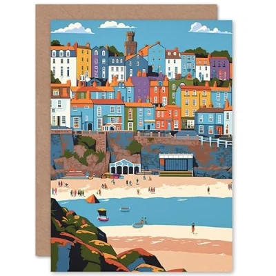Afbeelding van Artery8 Tenby Castle Beach in Wales Colourful Townscape Travel Birthday Sealed Greeting Card Plus Envelope Blank inside