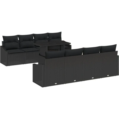 Afbeelding van vidaXL 9 delige Tuin Sofaset met Kussens Zwart Poly Rattan