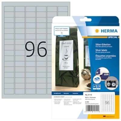 Afbeelding van HERMA 4110 weerbest folielabels A4 zilver (30,5 x 16,9 mm, 25 velles, polyesterfolie, glanzend) zelfklevend, bedrukbaar, permanente klevende etiketten, 2400 etiketten voor printer
