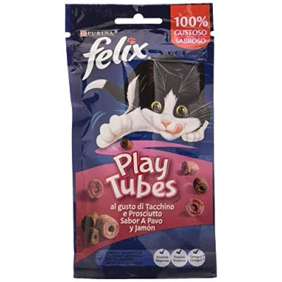 Afbeelding van Purina Felix kattensnack &quot;Play Tubes&quot; 8 verpakkingen à 50 g voor volwassen katten met kalkoen en ham