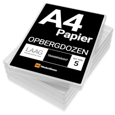 Afbeelding van WestonBoxes A4 Slanke plastic presentatie of opbergdozen voor papier, kaarten en kleine knutselartikelen (5 Stuks, Transparant)