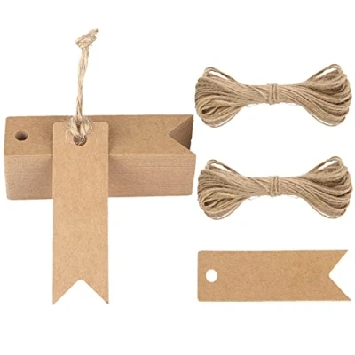 Afbeelding van G2PLUS 100 stuks kraftpapier etiketten labels 7 cm * 2 cadeauhanger met jute koord 30 meter (bruin)