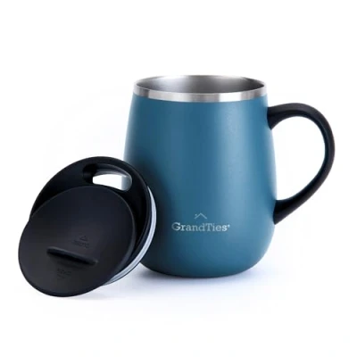 Afbeelding van GRANDTIES Thermische koffiemok met handvat schuifdeksel voor spatbescherming 460 ml wijnglas vorm koffie to go mok dubbelwandige roestvrij staal houdt dranken warm of koud blauw