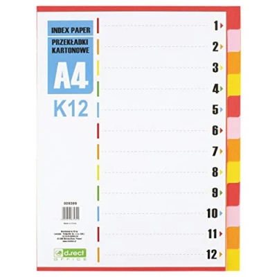 Afbeelding van D.RECT Register voor A4, K12, 12 tabbladen, ringband, tabbladen met cijferopdruk 1 12, meerkleurig, kleurscheiders van karton