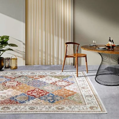 Afbeelding van Villeroy &amp; Boch Pierre Vloerkleed voor binnen en buiten, oosters plat weefsel, design, klassiek, Öko Tex weerbestendig uv bestendig, balkon, terras, tuin, crème, kleurrijk, 160 x 235