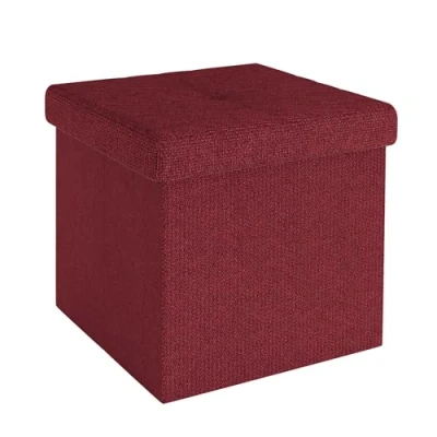 Afbeelding van Intirilife Opvouwbaar krukje 30x30x30 cm in GRANAT RED Poef Stoel met opbergruimte en deksel van stof opbergkist box