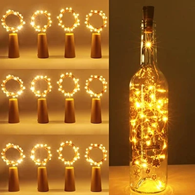 Afbeelding van [12 pack] flesverlichting, kolpop kurkverlichting voor wijnflessen, 2m 20 LED koperdraad kerstverlichting feestjes, bruiloft, kerst DIY binnen/buiten decoratie (warm wit)