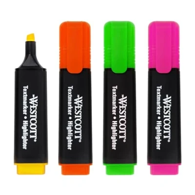 Afbeelding van Westcott Markeerstiften, E 744249 00, 4 stuks in groen, geel, oranje, roze, verpakking van stuks, highlighter markers heldere kleuren, lijndikte 2 5 mm, premium inkt uit Duitsland