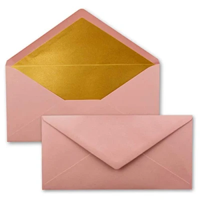 Afbeelding van 75 enveloppen DIN lang oudroze (roze) met goud metallic binnenvoering 110 x 220 mm nat lijmen feestelijke voor Kerstmis