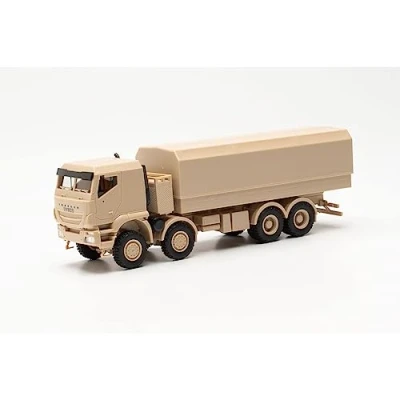 Afbeelding van Herpa vrachtwagen model Iveco Trakker 8x8 geschützter Pritschen LKW, schaal 1:87, vrachtwagenmodel voor diorama, modelbouw verzamelobject, Made in Germany, kunststof