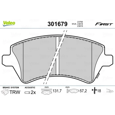 Afbeelding van VALEO 301679 Remblokkenset FIRST Vooras Incl. slijtage waarschuwingscontact Zonder anti kreukplaat TOYOTA: Corolla IX Hatchback