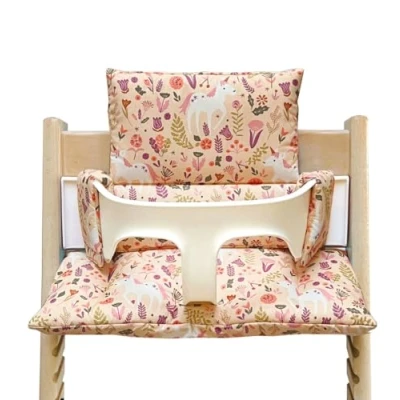 Afbeelding van Blausberg Baby zitkussenset, afwasbaar, compatibel met Tripp Trapp Stokke hoge stoel, eenhoorn, paard, roze perzik, materialen Oeko Tex gecertificeerd