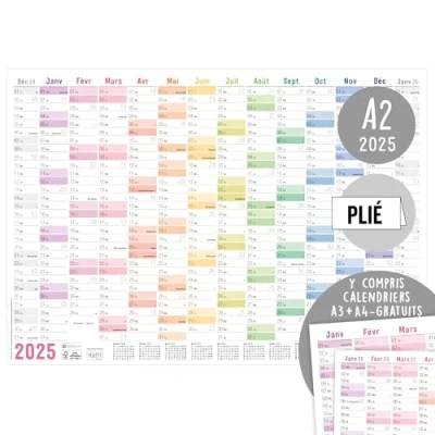 Afbeelding van Häfft® Wandkalender 2025, A2, in het Frans &quot;Rainbow&quot; (42 x 59,4 cm), gevouwen, wandplanner met Franse feestdagen + extra A3 en A4 kalender, duurzaam klimaatvriendelijk