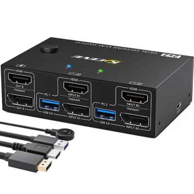 Afbeelding van USB 3.0 Dual monitor KVM Switch Displayport + HDMI, 2 PC 4K@60Hz, HDMI 2.0 DP1.4 met 4 poorten voor computers Deel muis, toetsenbord en