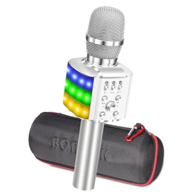 Afbeelding van BONAOK Karaoke Microfoon voor Kinderen, met Knipperende Kleurrijke Ledlampen,Draadloos Draagbaar 4 in 1 Bluetooth Apparaat, Thuis Feest iOS/Android(Zilver)
