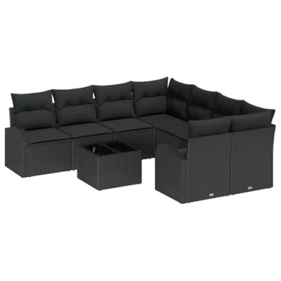 Afbeelding van vidaXL 9 delige Tuin Sofa Set met Kussens Zwart Poly Riet, 2 zits Opslag&amp;Kussens Riet