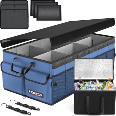 Afbeelding van FORTEM Auto Organizer, Kofferbak Organizer met Koeler, Opvouwbare Compartimenten, Antislip Bodem, Verstelbare Bevestigingsriempjes, Opvouwbaar Deksel (Blauw, X Large)