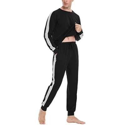 Afbeelding van Doaraha Pyjama voor heren, tweedelige nachtkleding, lang, katoen, lange mouwen, slaapkleding, huispak, ronde hals, slaapshirt en geruite pyjamabroek herfst winter, Stripen zwart, S