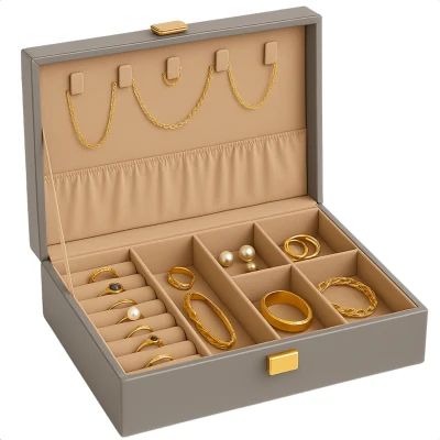 Afbeelding van Cheqo® Sieradendoos Kunstleer Bijouteriedoos Sieradenkoffer Juwelendoos Sieraden Organizer Grijs Doos Sieradendoosje Met Kettinghaakjes en Ringklemmen
