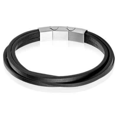 Afbeelding van Mendes Heren armband Leer Edelstaal Verstelbaar Zwart Zilverkleurig