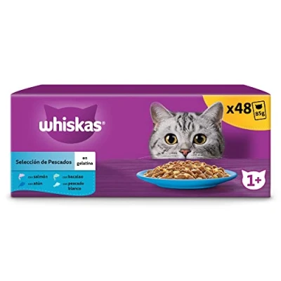 Afbeelding van WHISKAS Maaltijden voor katten 48 verse zakjes (2 verpakkingen 24 x 85 g) Favoriete vissen (4 soorten) Gevogelte kattenvoer volwassen van gelei. Volledig nat voer ook geschikt