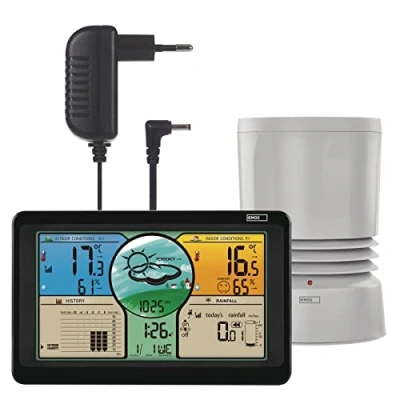 Afbeelding van EMOS Draadloos weerstation met kleurendisplay, buitensensor in neerslagmeter, temperatuur C/F, luchtvochtigheid, weersvoorspelling, max/min meetwaarden, radiogestuurde klok 12/24u, kalender