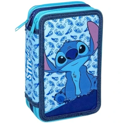 Afbeelding van Clondo Pennenetui 3D 3 vakken voor kinderen, drievoudig gevuld, 44 accessoires de basisschool, ritssluitingen, 20 cm, liniaal, kleurpotloden, viltstiften, Stitch V25, pennenhouder