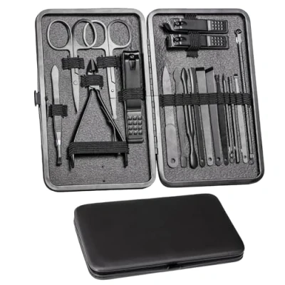 Afbeelding van Manicureset voor mannen, 18 stuks, nagelverzorgingsset, pedicure verzorgingsset, nagelknipper set, roestvrij staal, draagbaar, op reis (zwart)