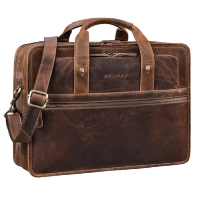 Afbeelding van STILORD &#039;Yves&#039; Aktetas heren dames lederen werktas documententas 15,6 inch laptoptas zakelijke tas lerarentas echt rundleer, Soria Bruin, Large