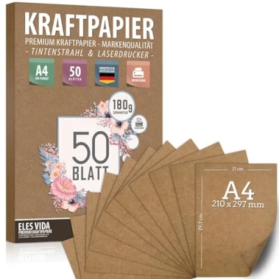 Afbeelding van 50 vellen kraftpapier A4 set 180 g 21 x 29,7 cm DIN formaat knutselpapier &amp; natuurkarton kartonnen kraftkarton om af te drukken, papierknutsels huwelijksgeschenk en etiketten
