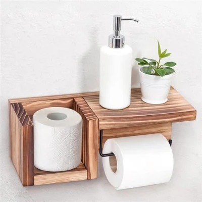 Afbeelding van Wooden Self Adhesive Toilet Paper Holder with Shelf Brown