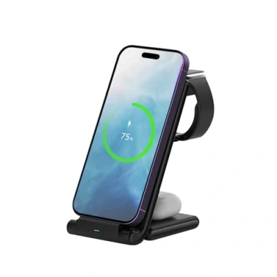 Afbeelding van MMOBIEL Draadloze Oplader Geschikt voor iPhone 15/14/13/12 series, Apple Watch 9/8/7/6/5 en AirPods Pro/3/2/1 Inklapbaar 3 in 1 Draadloos Oplaadstation Wireless Charger Zwart