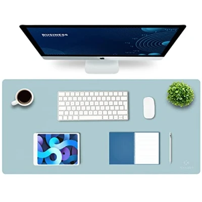 Afbeelding van bureauonderlegger, , 80 x 40 cm, PU leer laptop onderlegger, waterdicht, voor op kantoor of thuisgebruik, dubbelzijdig, lichtblauw