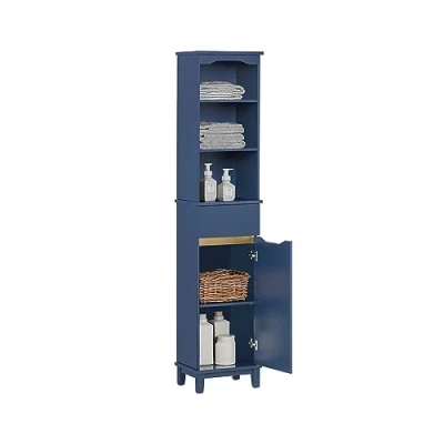 Afbeelding van Sobuy Badkamer Kolomkast Badkamerkast Hoge Kast Staande Opbergkast Opbergplank met 3 Plank, 1 Lade en Deur voor Badkamer, Woonkamer, Slaapkamer, Donkerblauw, 35x30x170 cm, BZR112 B