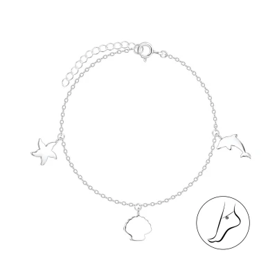 Afbeelding van JoyS Zilveren enkelbandje bedel enkelband schelp zeester dolfijn 22 cm + 3 extension