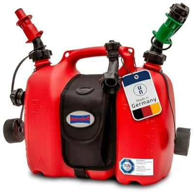 Afbeelding van hünersdorff 805062 professionele dubbele jerrycan voor brandstof en olie met zadeltas twee vulsystemen, 6 + 3 liter, UN goedkeuring, Made in Germany, rood