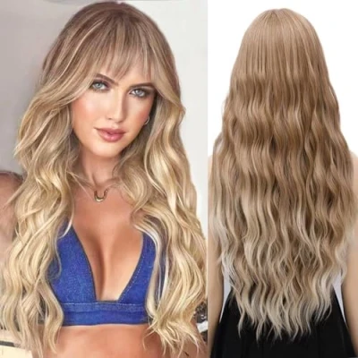 Afbeelding van YEESHEDO lange golvende krullende pruik voor dames, bruin gemengd blond, natuurlijke pruik, met pony, vrouwen, 71 cm (ombre bruin)