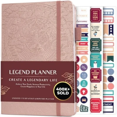 Afbeelding van Legend Planner Deluxe week &amp; maand lifeplanner om uw doelen te bereiken en gelukkiger leven. Organisator Notebook Productiviteitsdagboek. A5 Hardcover, niet gedateerd Starten op elk moment + Stickers (Rosé Goud Goud)